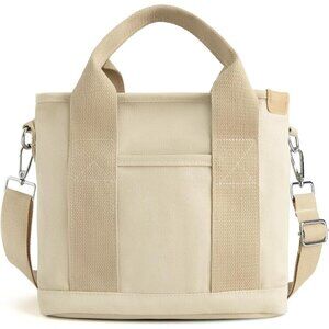 Women's Khaki Canvas Tote Bag With Multi Pockets Mini Shoulder Bags With Zipper